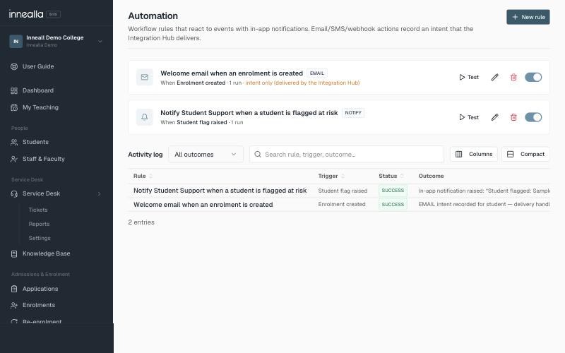 Innealla automation rules that notify the service desk when a student is flagged at risk