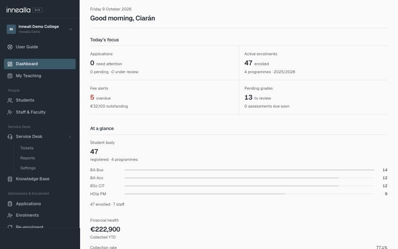 Innealla student information system dashboard