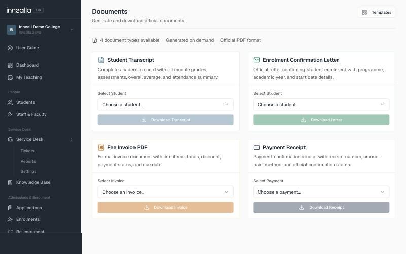 Innealla documents screen generating student transcripts, enrolment confirmation letters, fee invoices and payment receipts
