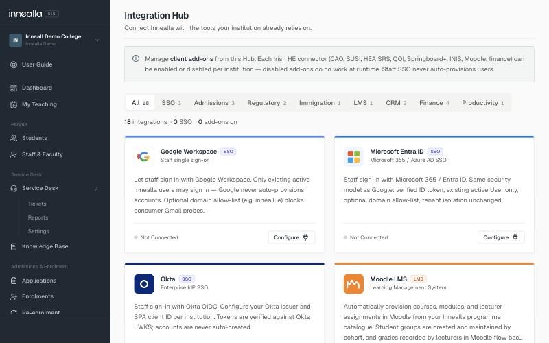 Innealla Integration Hub with connectors for Moodle, Salesforce, Zoho, Microsoft 365, CAO, SUSI, HEA and QQI