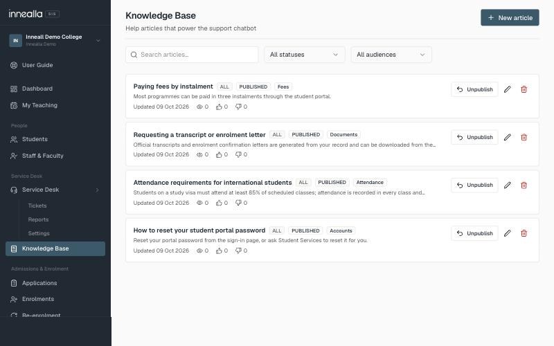 Innealla knowledge base articles that power the support assistant