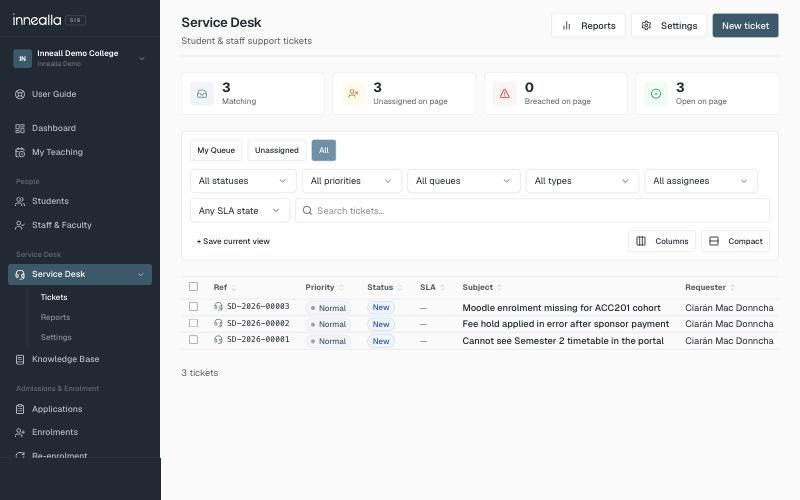 Innealla service desk ticket queue with priority, status and SLA columns
