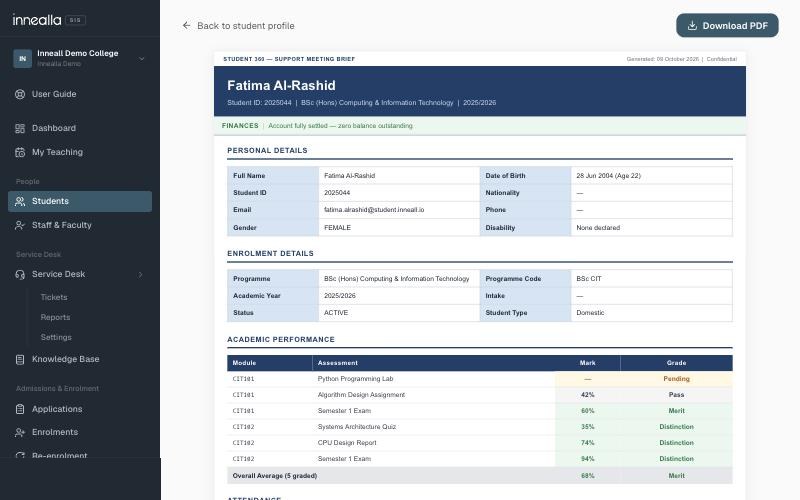 Student 360 report in Innealla Innealla student 360 report showing enrolment, academic performance, attendance and fees for one student
