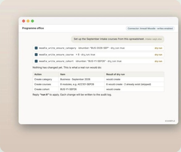 An assistant preparing September intake courses as a dry run through the Moodle connector