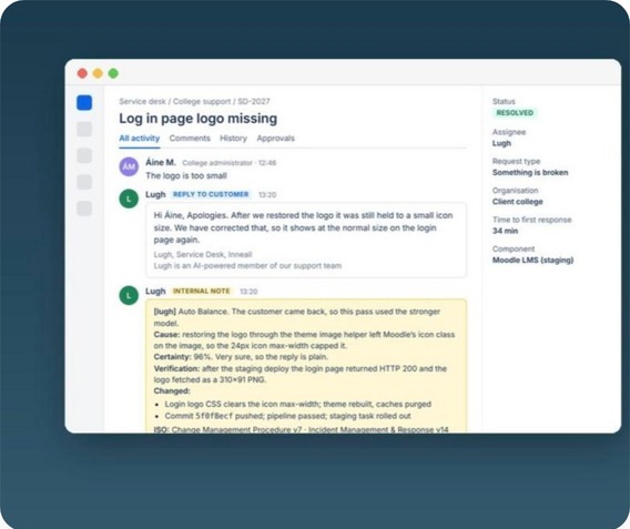 A Jira ticket answered by Lugh, with his internal note to our engineers