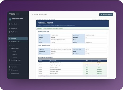 A student profile in Innealla: personal details, enrolment details and academic performance on one record