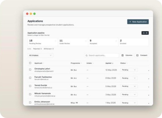 The Applications screen: an application pipeline with pending, under review, accepted and enrolled counts, and a list of applicants